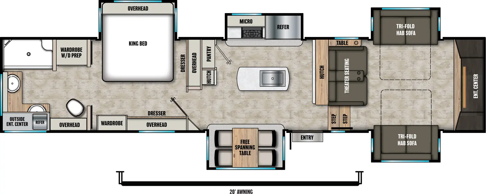 The Phoenix 334FL floorplan has one entry and five slide outs. Exterior features include: fiberglass exterior, 20' awning,  outside entertainment and outside kitchen. Interiors features include: kitchen island, free-standing dinette option, two bedrooms, front living and rear bathroom.